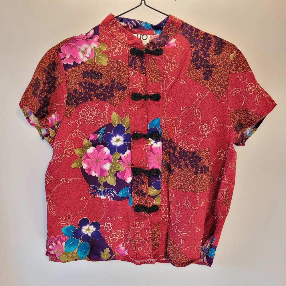 Clio Vintage 70s-80s Asian Print Blouse Dress Mandarin Collar Frog Buttons - L